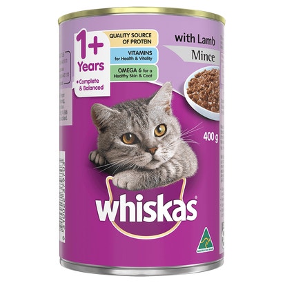 WHISKAS® 1+ Years Adult Wet Cat Food with Lamb Mince 400g Can