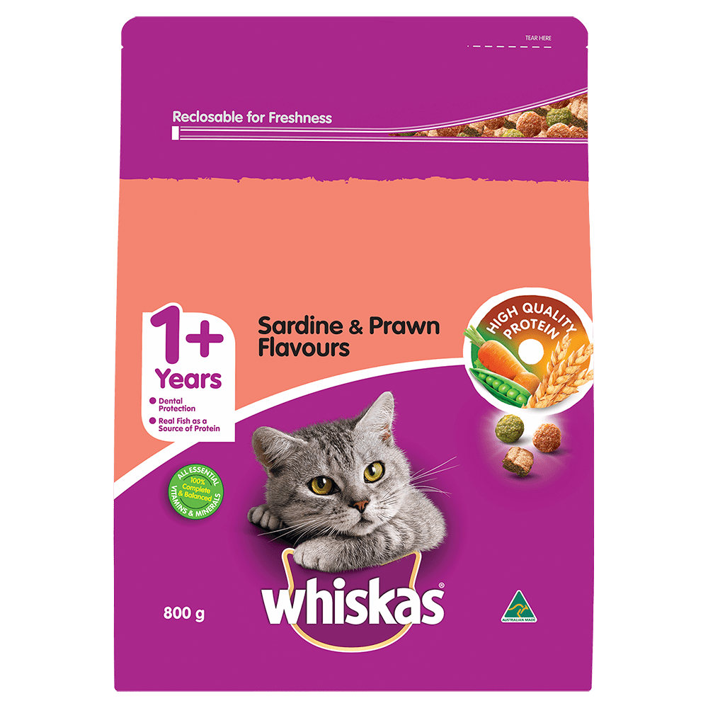 WHISKAS® 1+ Years Adult Furball Dry Cat Food with Sardine & Prawn 800g Bag