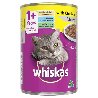 WHISKAS® 1+ Years Adult Wet Cat Food with Chicken Mince 400g Can
