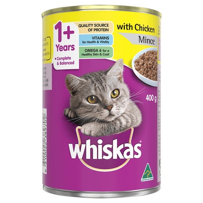 WHISKAS® 1+ Years Adult Wet Cat Food with Chicken Mince 400g Can