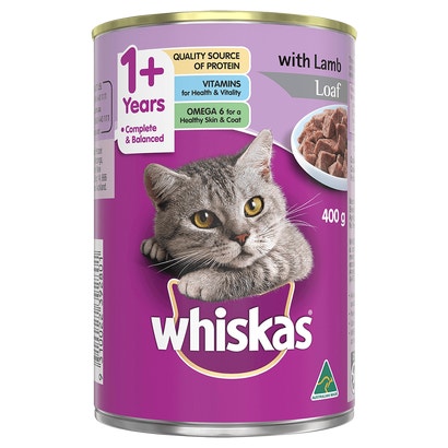 WHISKAS® 1+ Years Adult Wet Cat Food with Lamb Loaf 400g Can